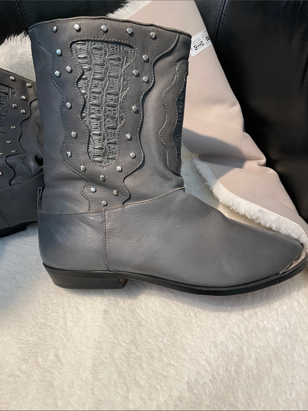 Gray Women'sLeather  Western-Inspired Ankle Boots